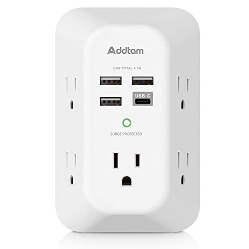 Addtam USB Wall Charger Surge Protector 5 Outlet Extender with 4 USB Charging Ports (1 USB C Outlet) 3 Sided 1800J Power Strip Multi Plug Outlets Wall Adapter Spaced for Home Travel Office ETL Listed