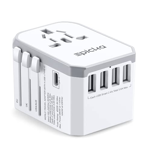 Universal Travel Power Adapter – EPICKA All in One Worldwide International Wall Charger AC Plug Adaptor with Smart Power USB for USA EU UK AUS Cell Phone Laptop (TA-105, White)