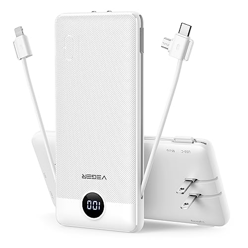 VEGER Portable Charger for iPhone Built in Cables and Wall Plug, 10000mah Slim Fast Charging USB C Power Bank, Travel Essential Battery Pack Compatible with iPhones, iPad, Samsung, and More(White)