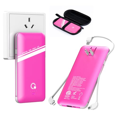 10000mAh Power Bank, Q Slim Portable Charger,4 Output External Battery Pack with Built-in AC Wall Plug Micro USB C Three Cables Compatible with All Kinds of mobilephone (Pink)