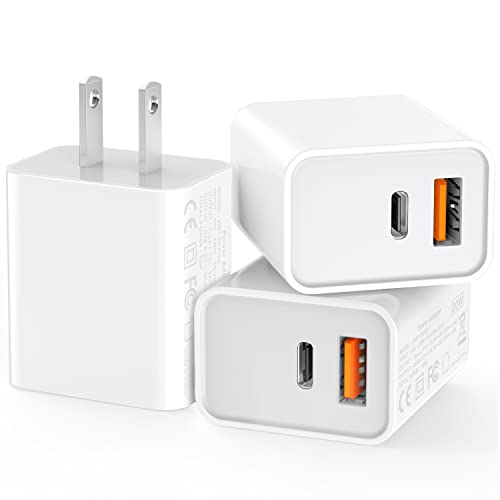 [3 Pack] USB-C Wall Charger, 20W Durable Dual Port QC+PD 3.0 Power Adapter, Double Fast Plug Charging Block for iPhone 14/14 Pro/13/15/15 Pro/Pro Max/Plus, XS/XR/X, Watch Series 8/7 Cube(White)