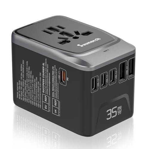 SAUNORCH Universal Travel Adapter, PD 35W 7 in 1 International Power Plug Adapter with 7.0A 4 USB-C and 2 USB-A Fast Wall Charger, Worldwide AC Outlet for US Europe UK AUS (Black+Silver)