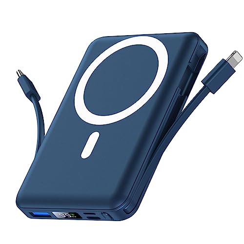 Yiisonger Magnetic Wireless Power Bank – 10000mAh Portable Charger 22.5W PD Fast Charging with Built-in Cables LED Display, Slim Magnetic Battery Pack for iPhone 15/14/13/12/Pro/Mini/Pro Max (Blue)