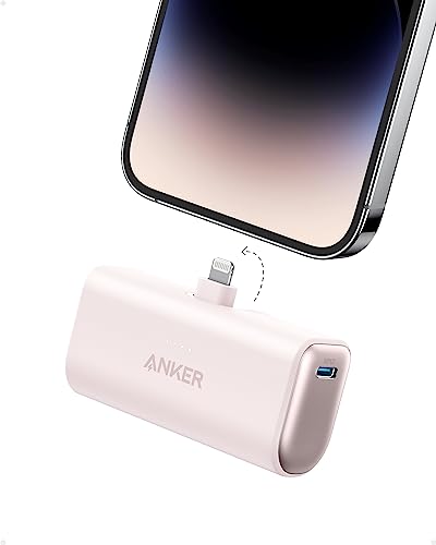 Anker Nano Portable Charger for iPhone, with Built-in MFi Certified Lightning Connector, Power Bank 5,000mAh 12W, Compatible with iPhone 14/14 Pro / 14 Plus, iPhone 13 and 12 Series (Pink)