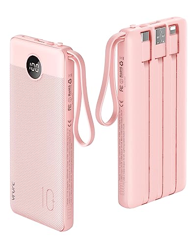 VRURC Portable Charger 10000mAh, Slim LED Display Power Bank, 5 Output 2 Input Cell Phone Battery Pack, Built-in Micro & USB C Cables Phone Charger Compatible with iPhone,Samsung,Android-Pink(1 Pack)