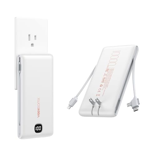 VEEKTOMX Portable Charger with Built in Cables 22.5W 10000mAh, Power Bank for iPhone with AC Wall Plug, Travel Essentials Fast Charging USB C Slim Battery Pack Compatible with iPhone Samsung LG Tablet