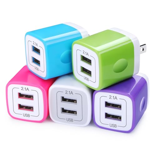 USB Wall Charger Adapter, FiveBox 5Pack 2.1Amp Fast Dual Port Wall Charger USB Plug Charging Block Charger Brick Charger Cube Charger Box Compatible iPhone 15/14/13/12/11/Xs/XR/X/8/7, Samsung, Android