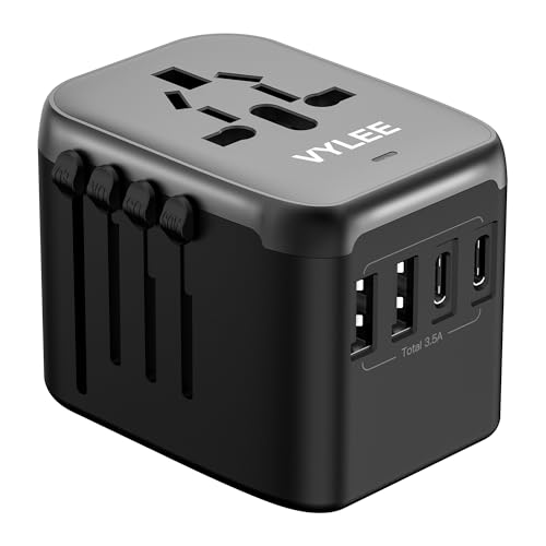 VYLEE Universal International Power Travel Plug Adapter, 5 in 1 European Travel Plug Adapter W/ 3.5A 2xUSB-A and 2xUSB C Wall Charger and Worldwide AC Outlet for Europe USA UK AUS Asia (Black Grey)