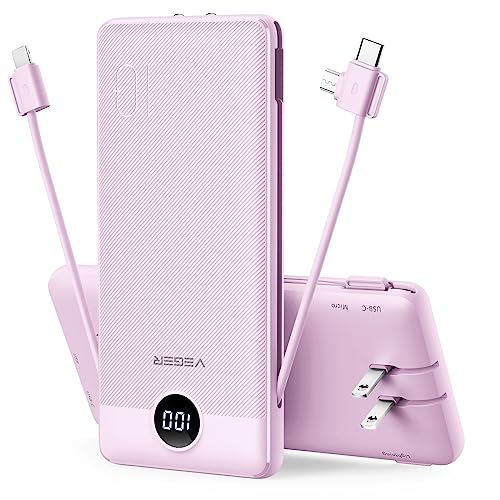 VEGER Portable Charger for iPhone Built in Cables and Wall Plug, 10000mah Slim Fast Charging USB C Power Bank, Travel Essential Battery Pack Compatible with iPhone, iPad, Samsung More Devices(Purple)