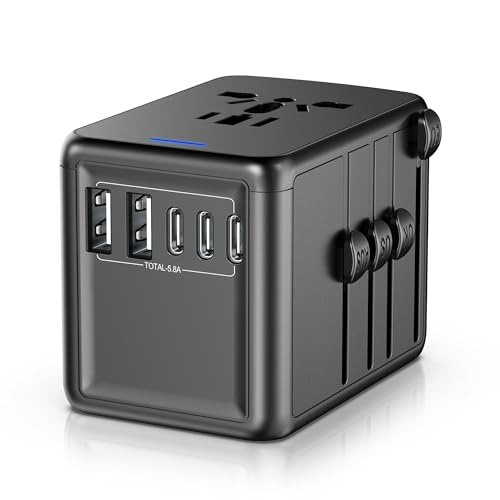 Universal Travel Adapter Offers 5.8A 3X 3.0A USB-C Ports, 2X 2.4A USB-A Ports and Multi AC Outlet, All-in-One International Power Plug Adaptor Worldwide Charger for EU US UK AU 200+ Countries