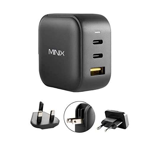 MINIX 66W Turbo 3-Port GaN Wall Charger 2 x USB-C Fast Charging Adapter, 1 x USB-A Quick Charge 3.0, Compatible with MacBook Pro Air, iPad Pro, iPhone 12/12 mini/11, Galaxy S9 S8 and More (NEO P1)