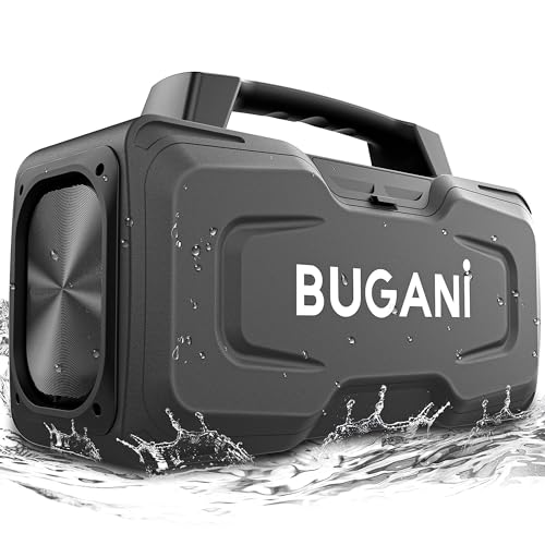 BUGANI Bluetooth Speakers, 80W Powerful Portable Wireless Speaker IPX7 Waterproof Speaker, Outdoor Loud Speaker with Handle 24H Playtime, Support Microphone AUX USB Suitable for Party, Pool, Black