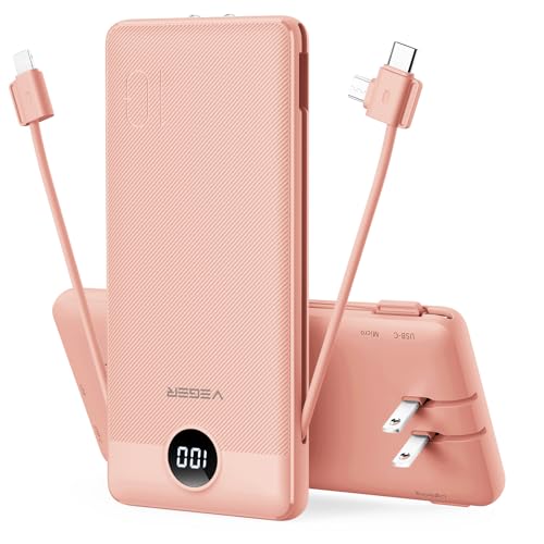 VEGER Portable Charger for iPhone Built in Cables and Wall Plug, 10000mah Slim Fast Charging USB C Power Bank, Travel Essential Battery Pack Compatible with iPhone, iPad, Samsung, and More(Dark Pink)