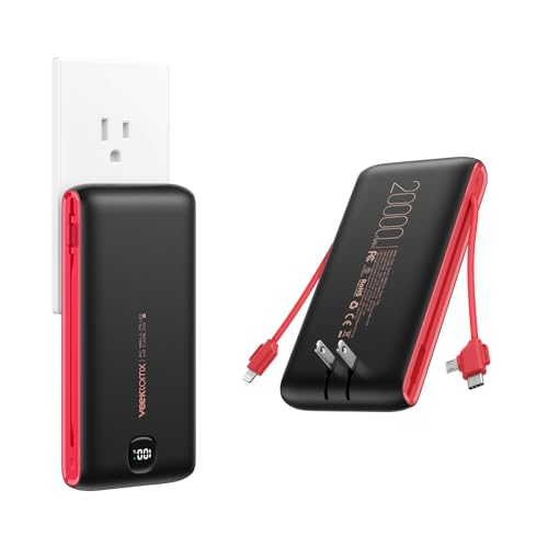 VEEKTOMX Portable Charger with Built in Cables 20000mAh, Power Bank for iPhone with AC Wall Plug, Fast Charging USB C Slim Battery Pack with LED Display Compatible with iPhone15/14/13, Samsung