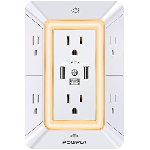 Multi Plug Outlet Surge Protector – POWRUI 6 Outlet Extender with 3 USB Ports (1 USB C) and Night Light, 3-Sided Power Strip with Adapter Spaced Outlets – White，ETL Listed