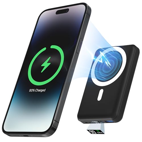 podoru Wireless Portable Charger, 10000mAh Magnetic Power Bank with Type-C Cable LED Display 22.5W PD Fast Charging Lighting Mag-Safe Battery Pack for iPhone 15/14/13/12/Mini/Pro/Pro Max-Black