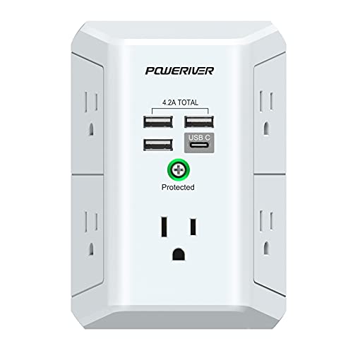 POWERIVER Surge Protector with 4 USB Ports – Multi Outlet Extender for Home, School and Office – ETL Listed, White