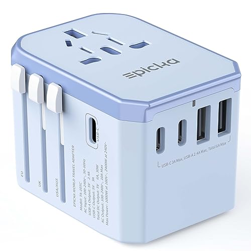 EPICKA Universal Travel Adapter, International Power Plug Adapter with 3 USB-C and 2 USB-A Ports, All-in-One Worldwide Wall Charger for USA EU UK AUS (TA-105C, Blue)