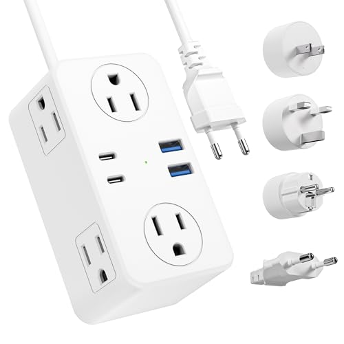 Kakyanill European Travel Plug Adapter, EU/UK/US Travel Plug Adapter Power Strip, 6 AC Outlets, 4 USB Ports (2 USB C), 3ft Wrapped Around Extension Cord, Compact for Travel