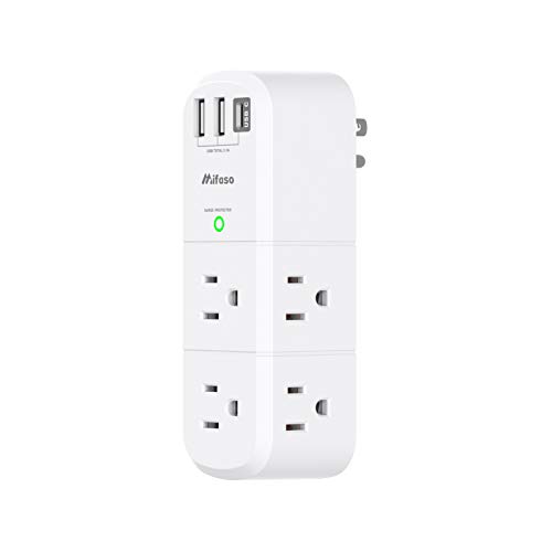 USB Outlet Extender Surge Protector – with Rotating Plug, 6 AC Multi Plug and 3 USB Ports (1 C), 1800 Joules, 3-Sided Swivel Power Strip Spaced Splitter for Home, Office, Travel