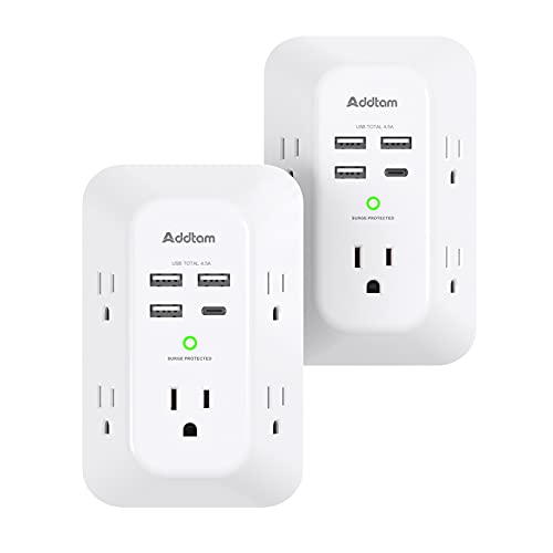 2 Pack Addtam USB Wall Charger Surge Protector, 5 Outlet Extender with 4 USB Charging Ports (1 USB C Outlet) 3 Sided 1800J Power Strip Multi Plug Outlets, Wall Adapter Spaced for Home Office