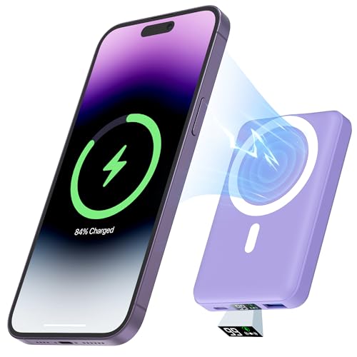 podoru Wireless Portable Charger, 10000mAh Magnetic Power Bank with Type-C Cable LED Display 22.5W PD Fast Charging Lighting Mag-Safe Battery Pack for iPhone 15/14/13/12/Mini/Pro/Pro Max-Purple