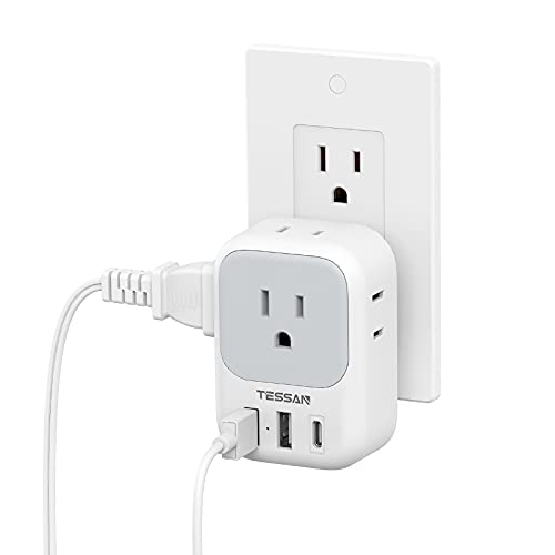 USB Wall Charger, USB Plug Adapter Outlet Extender, TESSAN 3 USB Block (1 USB C Port), Multi Charging Station for Cruise, Bathroom, Office, Dorm Essentials