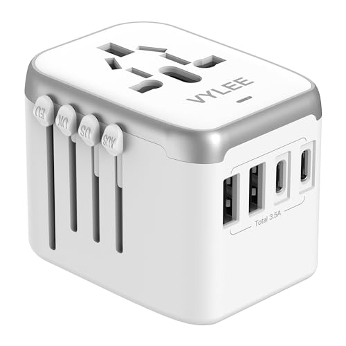 VYLEE Universal International Power Travel Plug Adapter, 5 in 1 European Travel Plug Adapter W/ 3.5A 2xUSB-A and 2xUSB C Wall Charger and Worldwide AC Outlet for Europe USA UK AUS Asia (White Grey)