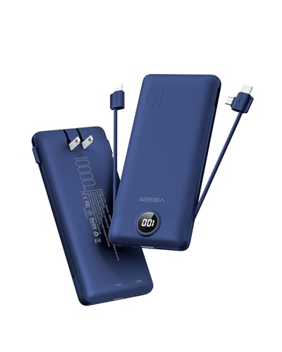 VEGER Portable Charger for iPhone with Built in Cables and Wall Plug, 10000mah Slim Fast Charging USB C Power Bank, Travel Essential Battery Pack Compatible with iPhone, iPad, Samsung etc(Navy)