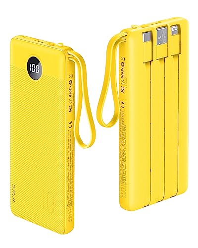 VRURC Portable Charger with Built-in Cables, 10000mAh LED Display USB C Power Bank, Slim Travel Battery Pack with 5 Output 2 Input Compatible with iPhone,Samsung,Android etc-Yellow