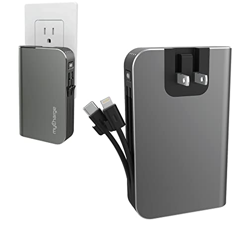 myCharge Portable Charger for iPhone – Hub 10050mAh Wall Plug & Built in Cables (Lightning, Type C) 18W Turbo USB C Power Bank Fast Charging Battery Pack External Phone Backup, 55 Hrs