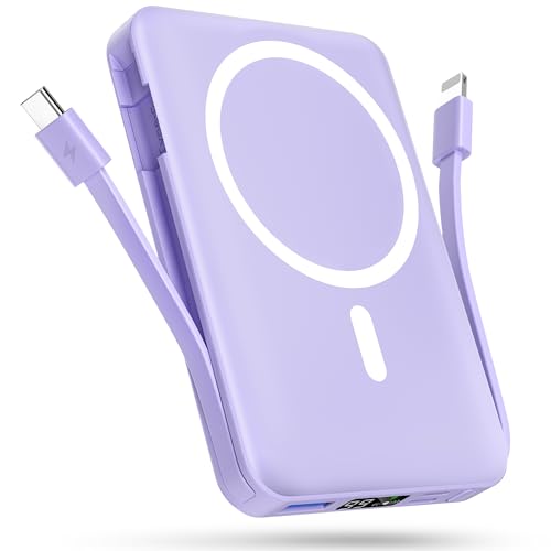 podoru Wireless Portable Charger, 10000mAh Magnetic Power Bank Built-in USB-C Lighting Cables 22.5W PD Fast Charging LED Display Mag-Safe Battery Pack for iPhone 15/14/13/12/Mini/Pro/Pro Max – Purple