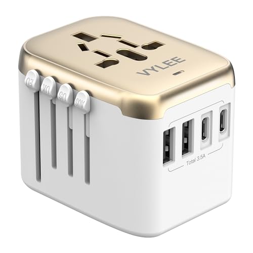 VYLEE Universal International Power Travel Plug Adapter, 5 in 1 European Travel Plug Adapter W/ 3.5A 2xUSB-A and 2xUSB C Wall Charger and Worldwide AC Outlet for Europe USA UK AUS Asia (White Gold)