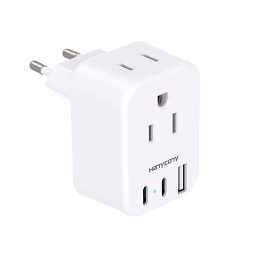 European Travel Plug Adapter USB C, International Plug Adapter, US to Europe Plug Adapter with 2 Outlets 3 USB Ports(2 USB C), Type C Power Adapter to Italy Spain France Portugal Iceland Germany