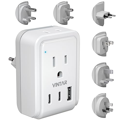 Universal Travel Adapter Kit, VINTAR International Plug Adapter with 3 USB Ports(2 USB C, 3.4A) and 2 American Outlets, Type A,C,G,D,I,M Detachable Attachments, Adapter for US/EU/UK/India/AUS/Africa