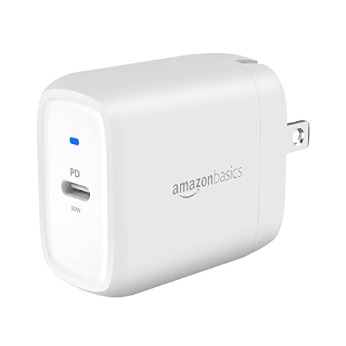 Amazon Basics 20W One-Port USB-C Wall Charger with Power Delivery PD for Tablets & Phones (iPhone 15/14/13/12/11/X, iPad, Samsung, and more), non-PPS, 1.81 x 1.73 x 1.09 inches, White