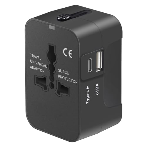 Travel Adapter, Worldwide All in One Universal Travel Adaptor AC Power Plug Adapter Wall Charger with USB-C and USB-A Charging Ports for USA EU UK AUS Black