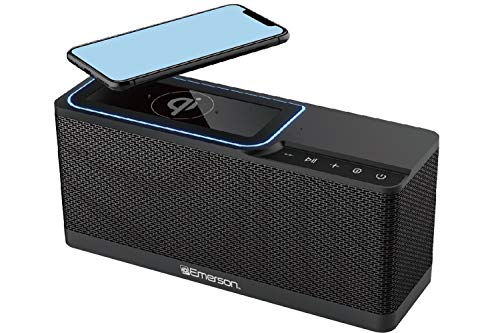 Emerson ER-BTW100 Portable Bluetooth Speaker with 20 Watt Stereo, QI Wireless Charging, Hands Free Calling and Additional USB Charging, Black