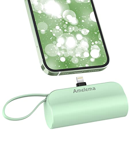 amelema Small Portable Charger for iPhone, 5000mAh Mini Power Bank with Built-in Cable/Metal Stand, Cute Battery Pack Compatible with iPhone 14/14 Plus/Pro Max/13/12/11/XS/XR/X/8/7/Airpods（Green）