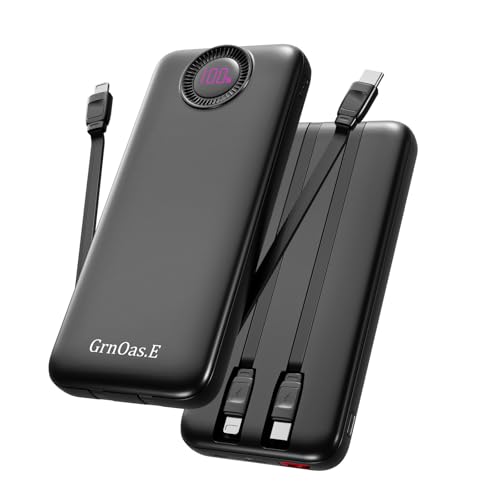 GrnOas.E Power Bank,10000mAh 22.5W Max Portable Charger Built in Cables，4 Outputs 2 Inputs External Phone Powerbank,5V/3A Fast Charging Travel Charger for iPhone Android iPad,(Pearl Black)