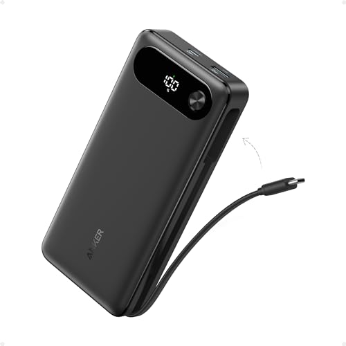 Anker Power Bank, 20,000mAh Travel Essential Portable Charger with Built-In USB-C Cable, 3-Port 87W Max Fast Charging Battery Pack, for MacBook, iPhone 16/15 Series, Samsung, Switch, and More